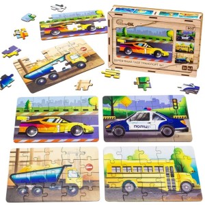 PUZZLE DREWNIANE 4W1 POJAZDY, PUZZLEOK