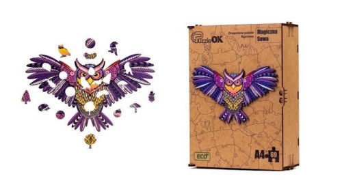 Puzzle drewniane eko 69 Magiczna sowa A4, PuzzleOK
