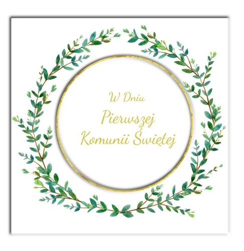 Karnet KW Komunia. Wianek z liśćmi